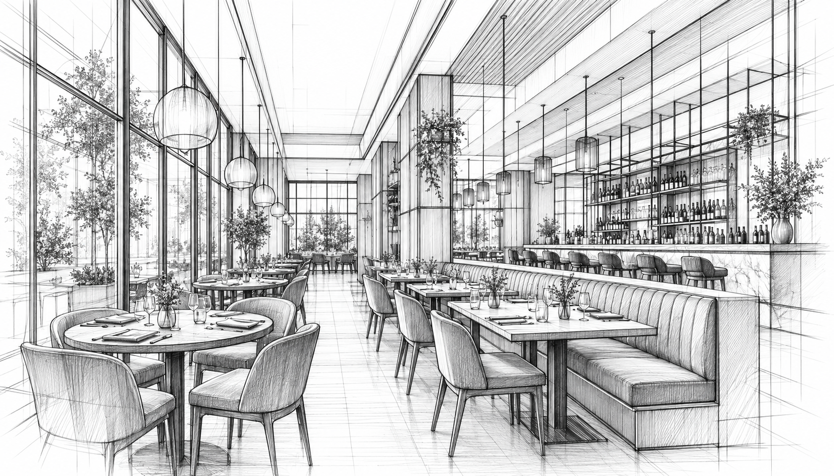 Architectural pencil drawing of a restaurant interior with dining tables and a bar