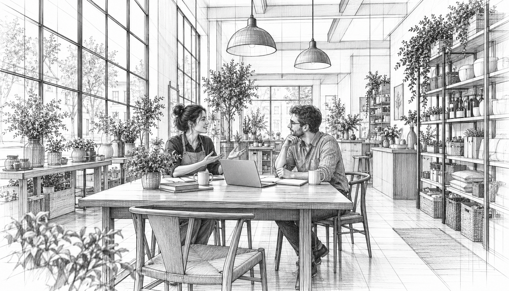 Pencil drawing of an on-site meeting with a business team